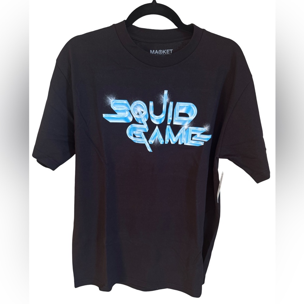 Netflix Market Squid Game Piggy Bank Blue Logo Black Tee Hoodie Large